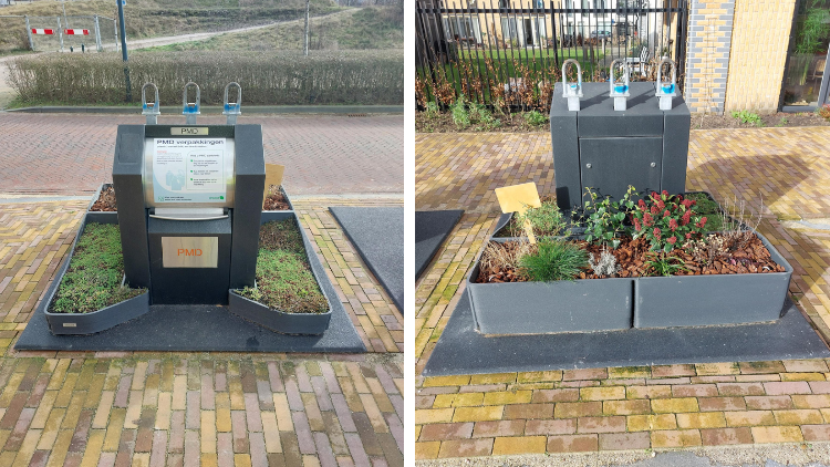 Twee foto's naast elkaar van een containertuintje. Rondom een container wordt een rand geplaatst. Daartussen komen plantjes. De ingang naar de container is vrij.
