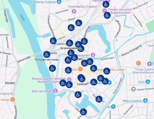 Kaart van centrum en Noorderhaven met locaties van gehandicaptenparkeerplaatsen