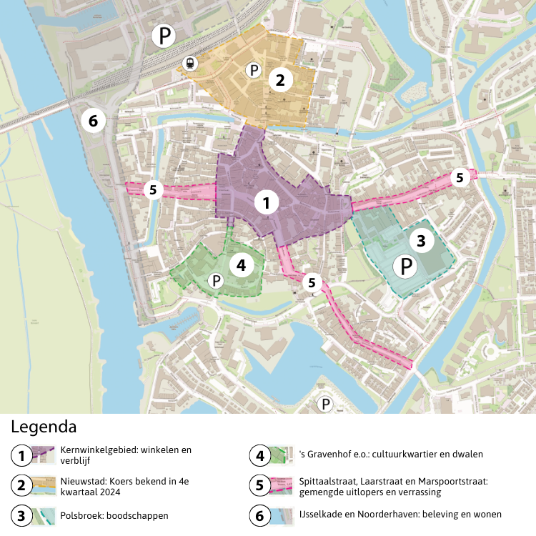 Kaartje van binnenstad met daarop de deelgebieden aangegeven. Uitleg van de gebieden staat in tekst onder de kaart.