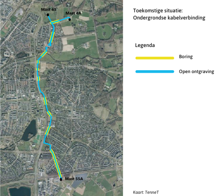 Luchtfoto van het trace van de kabels. In blauw is aangegeven welke delen via open ontgraving worden aangelegd. Met geel via boring. 